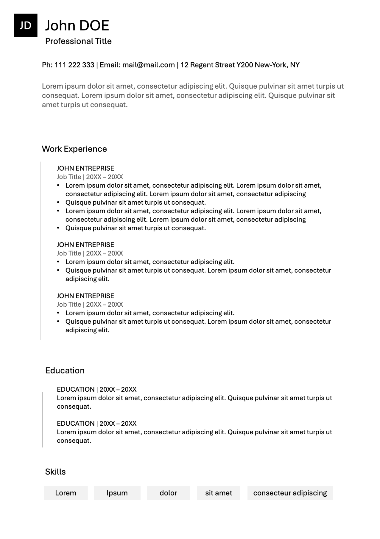 Standard resume template preview